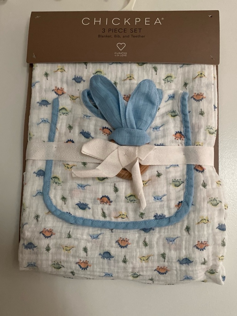 chick pea White Muslin Bib Set with Blue Trim and Multicolor Dino Print